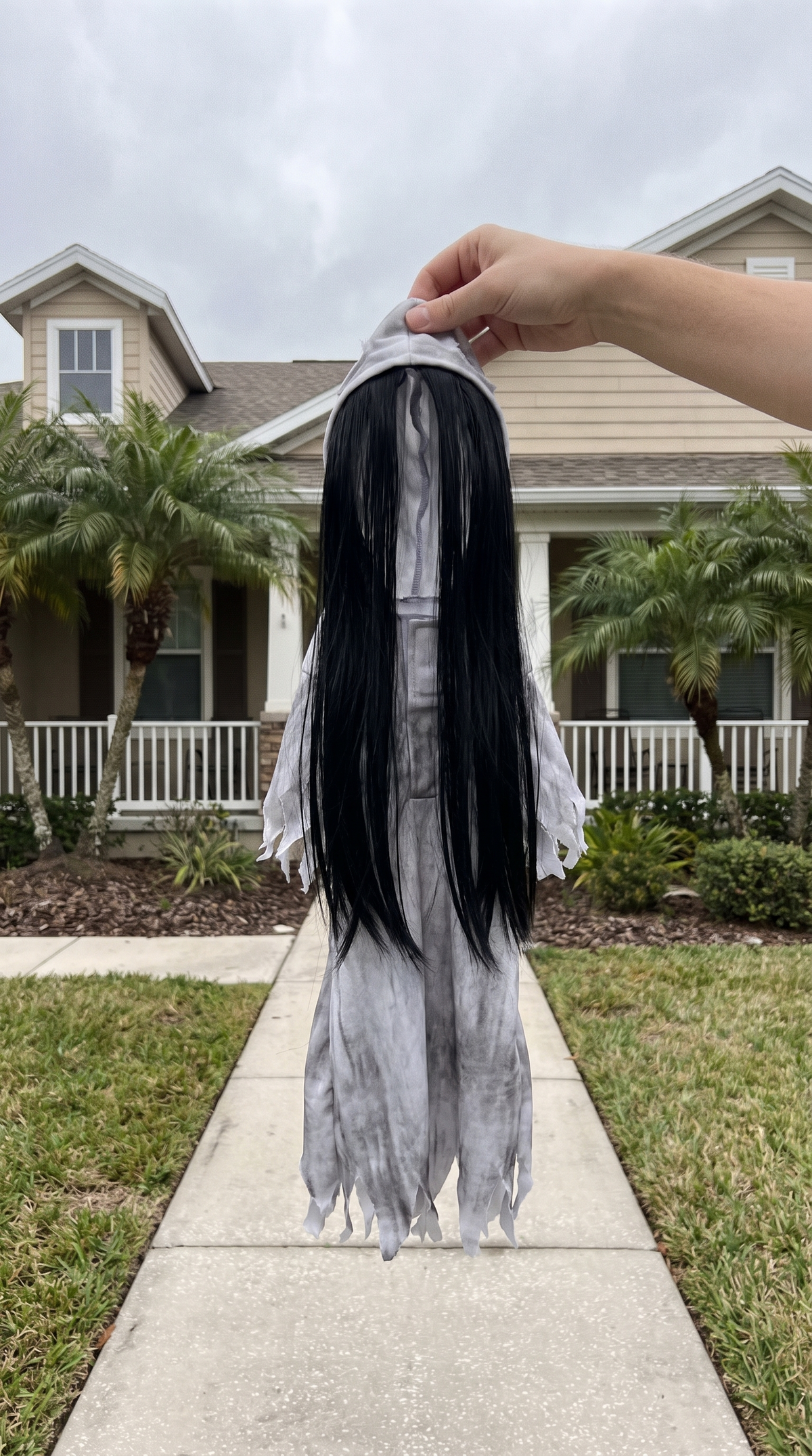 The Ghost Girl costume — one piece, hair attached to the hood